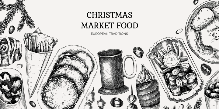 Traditional European Christmas market food background. Fast food menu design elements. Vintage hand-drawn vector illustration. Pastries, sweets, grilled sausages, hot drinks, raclette sketches.